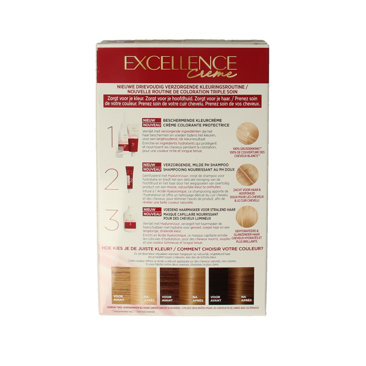 Light blonde Excellence 9 hair coloring set from Excellence brand, featuring hair dye tubes and application tools.