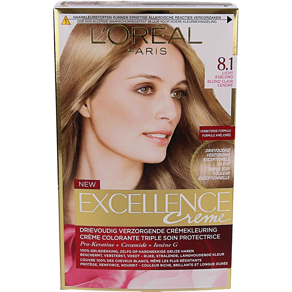 Excellence 8.1 light ash blonde hair coloring kit, including developer and color cream, for professional hair dyeing.