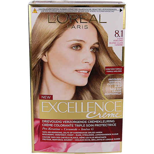 Excellence 8.1 light ash blonde hair coloring kit, including developer and color cream, for professional hair dyeing.