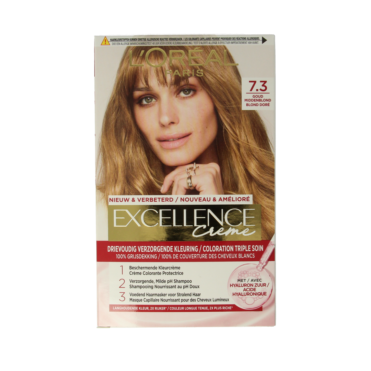 Excellence Excellence creme 7.3 goudblond hair coloring kit with developer, featuring golden blonde shade in set packaging.