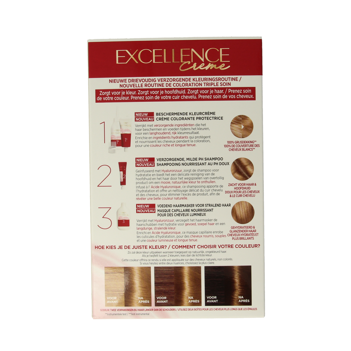 Excellence crème 7.3 goudblond hair dye set from Excellence, showing the box and product packaging for blond hair coloring.