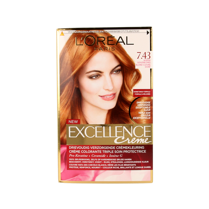 Excellence 7.43 koper goudblond hair coloring kit with hair dye and developer for a warm, copper blonde shade