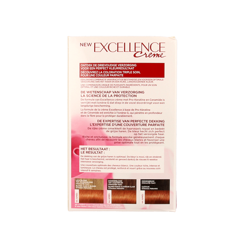 Excellence 7.43 koper goudblond hair coloring kit with warm copper blonde shades, including dye and developer for professional results.
