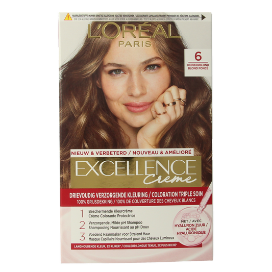 Excellence 6 donkerblond 1.00 hair coloring set with color cream and developer for professional hair dyeing.