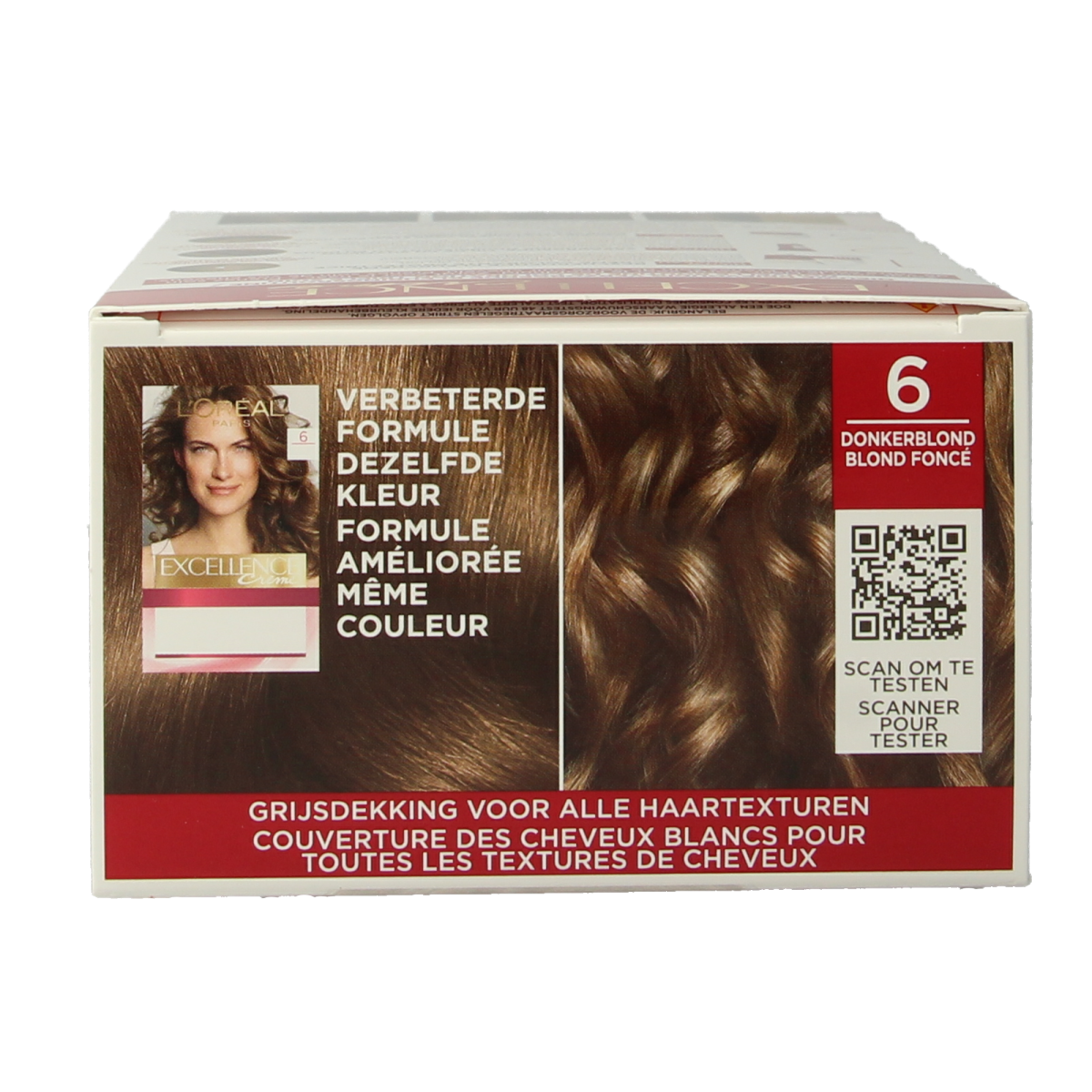 Excellence 6 donkerblond 1.00 hair coloring set with box and applicator tube for professional hair dyeing.