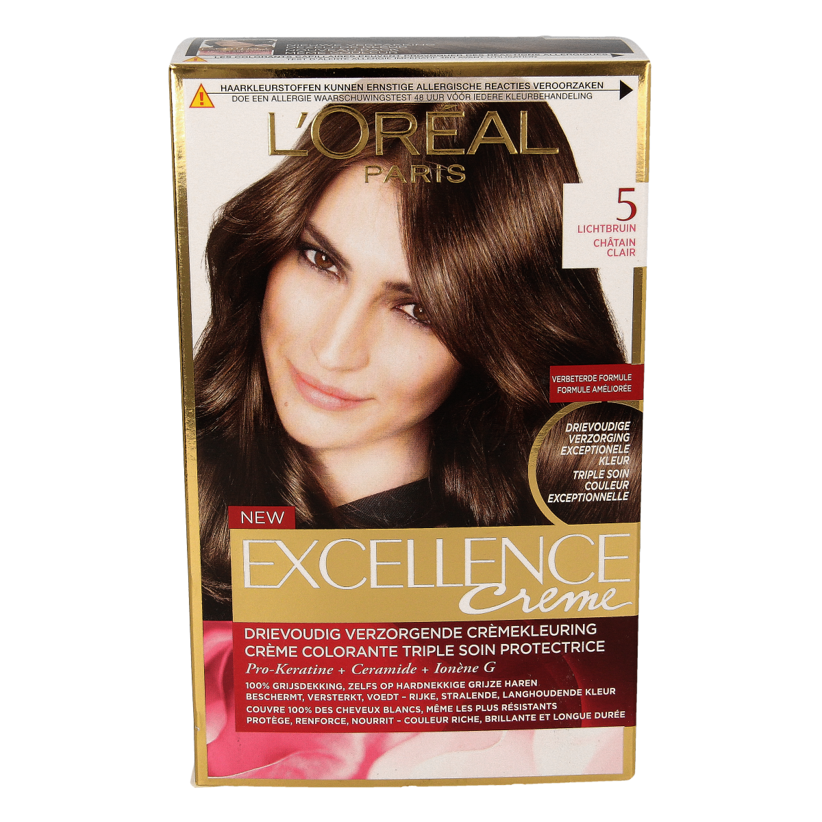 Excellence 5 lichtbruin haarkleuring kit with color cream and developer for natural light brown hair coloring.