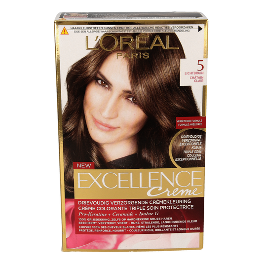Excellence 5 lichtbruin haarkleuring kit with color cream and developer for natural light brown hair coloring.
