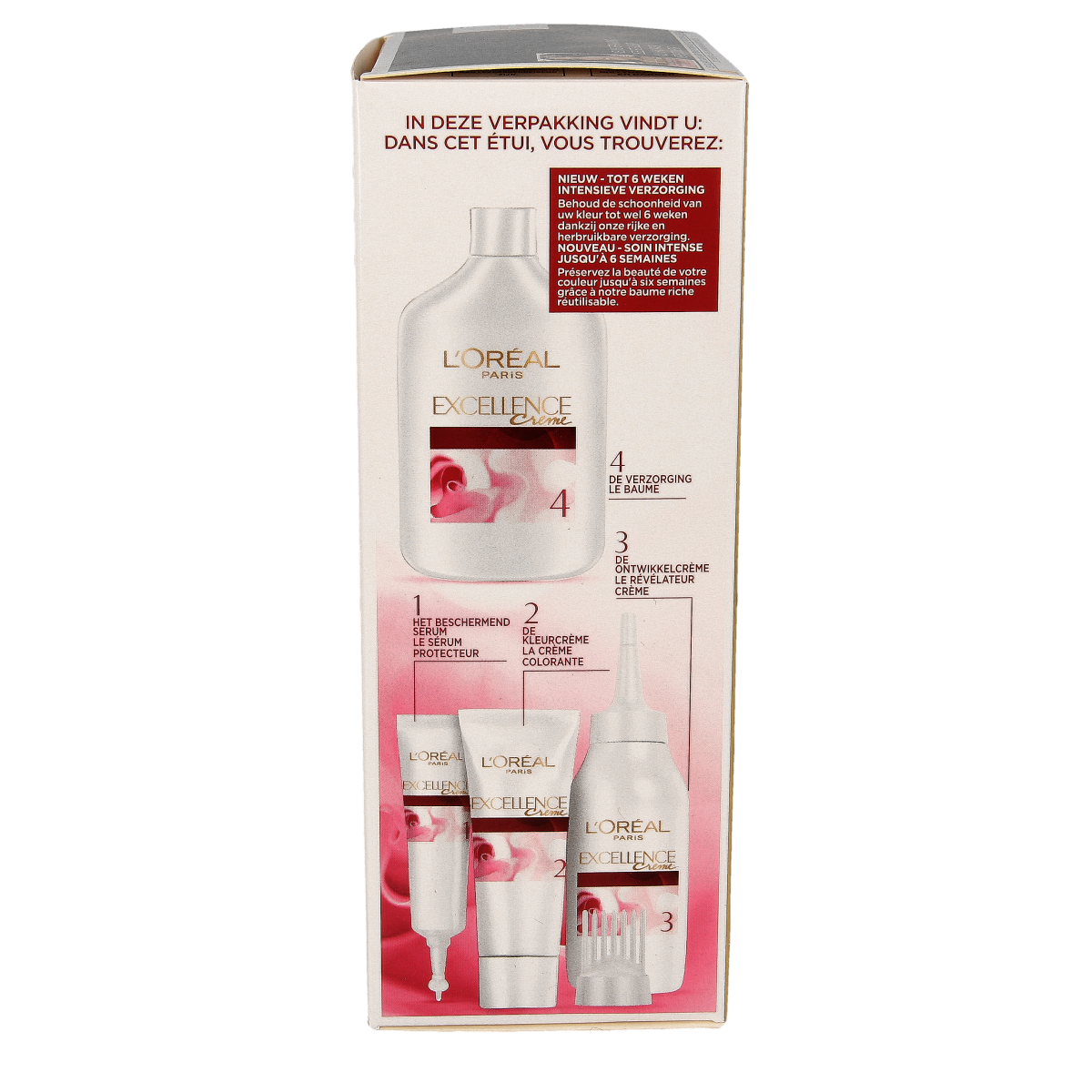 Excellence 5 lichtbruin haarkleuring set, featuring hair dye bottles and applicator for natural light brown hair coloring.