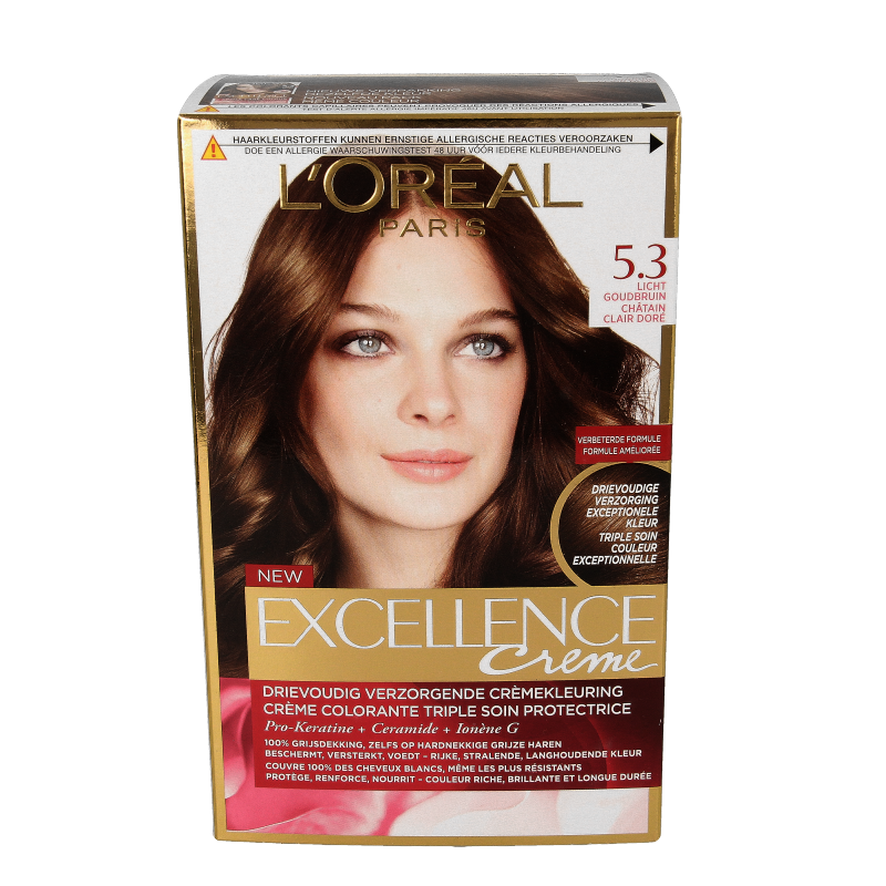 Excellence creme 5.3 licht goudbruin hair coloring kit from Excellence, showing the box and color cream for hair dyeing.