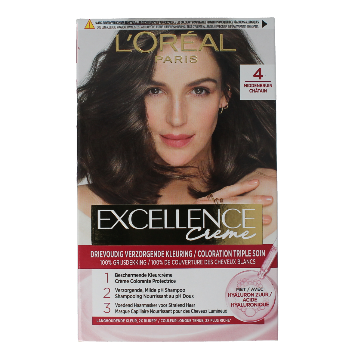 Excellence 4 Middenbruin hair coloring set with developer and applicator bottles for professional brown hair coloring.