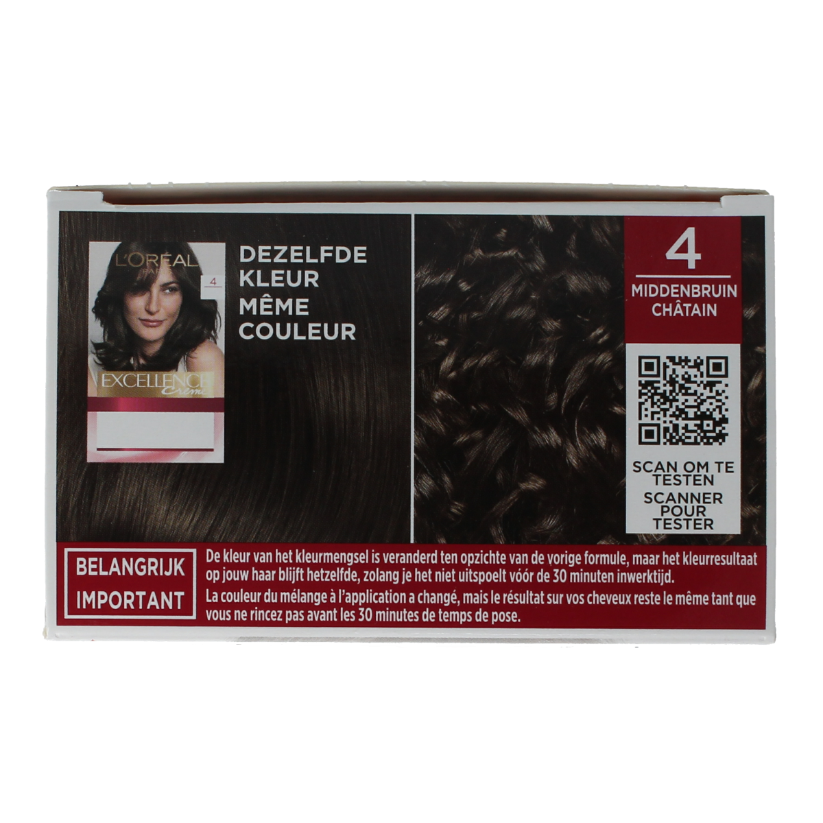 Excellence Excellence 4 Middenbruin hair coloring set with four hair dye tubes in medium brown shade, for at-home hair coloring.