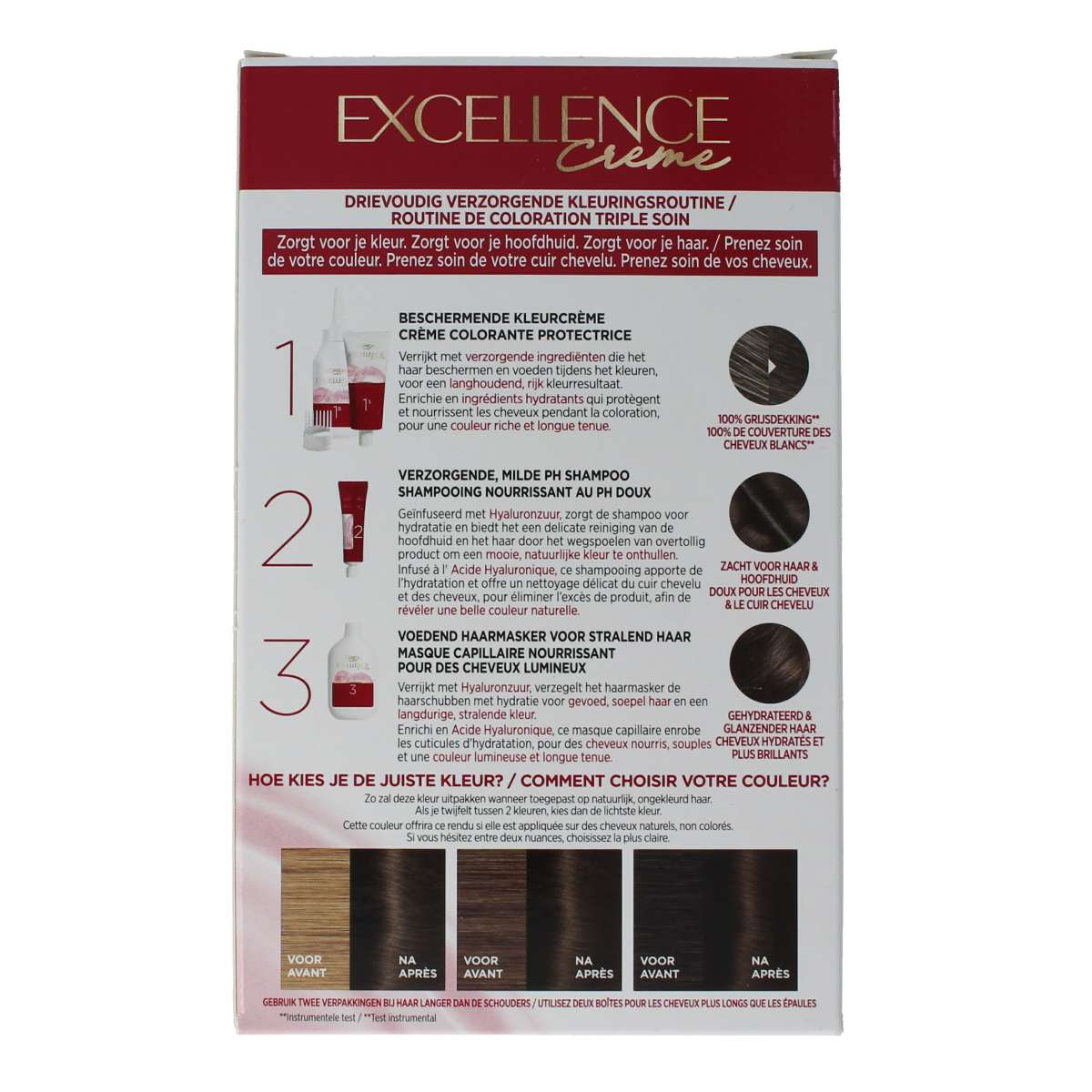 Excellence 4 Middenbruin hair coloring set with four shades of brown for professional hair dyeing and styling.