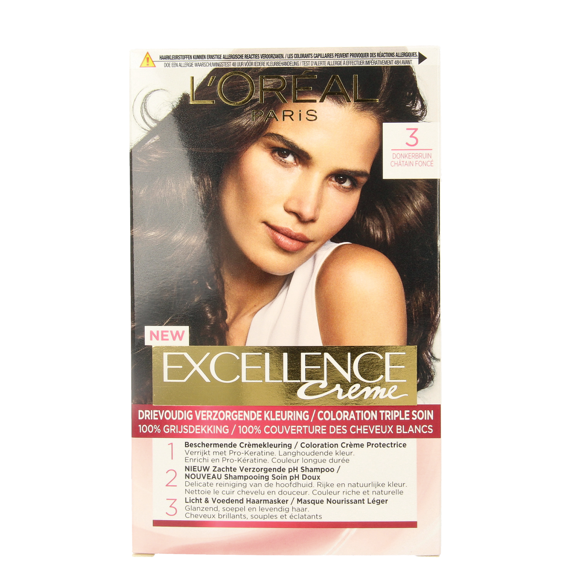 Excellence 3 donkerbruin hair coloring set with developer and conditioner, natural hair dye kit for rich brown color.
