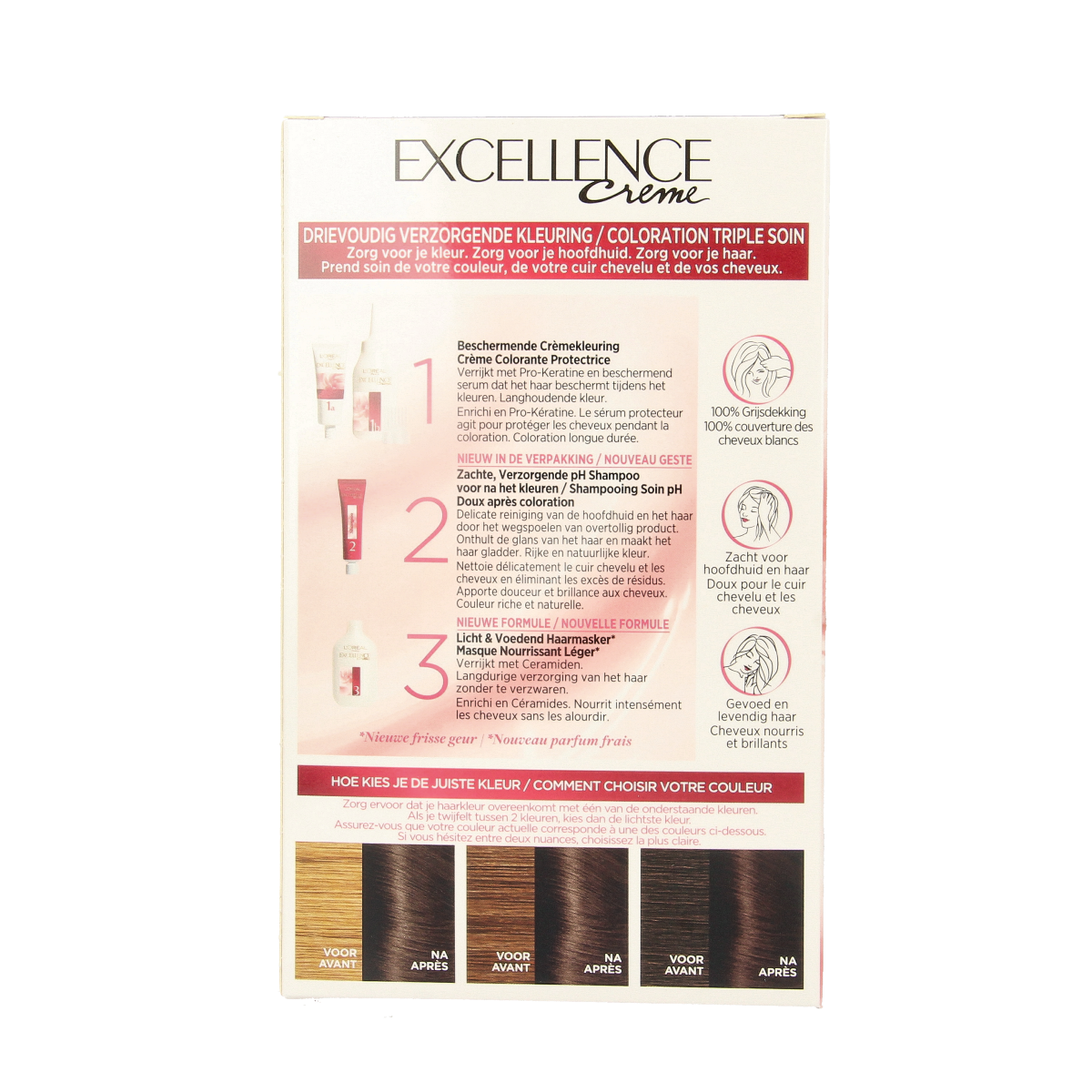 Excellence 3 donkerbruin hair coloring set with cream and developer for professional hair dye application.