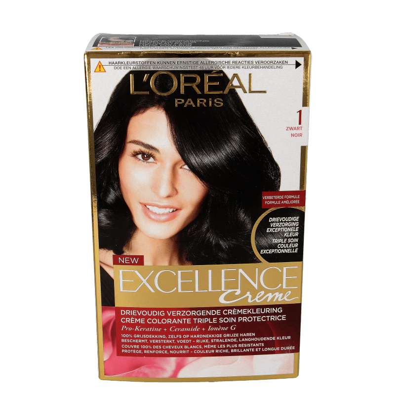 Excellence 1 Zwart hair coloring set from Excellence, showing black hair dye product in a sleek packaging.