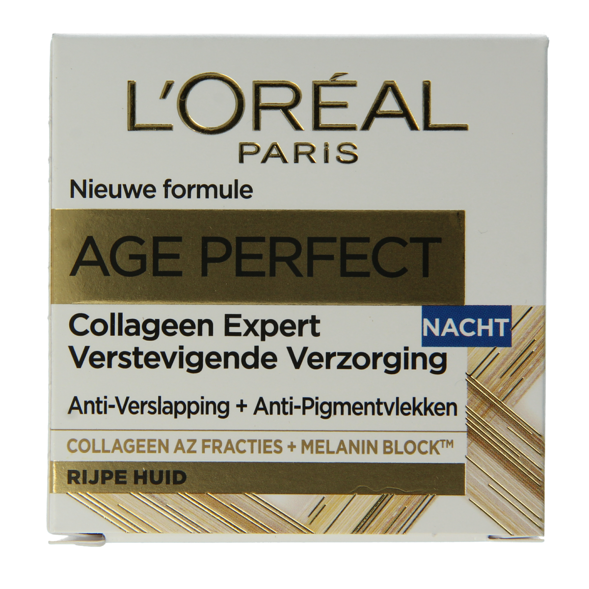 L'Oreal Paris Age Perfect nachtcrème pot with 50ml, facial skincare product for mature skin, in a white jar with a gold lid.