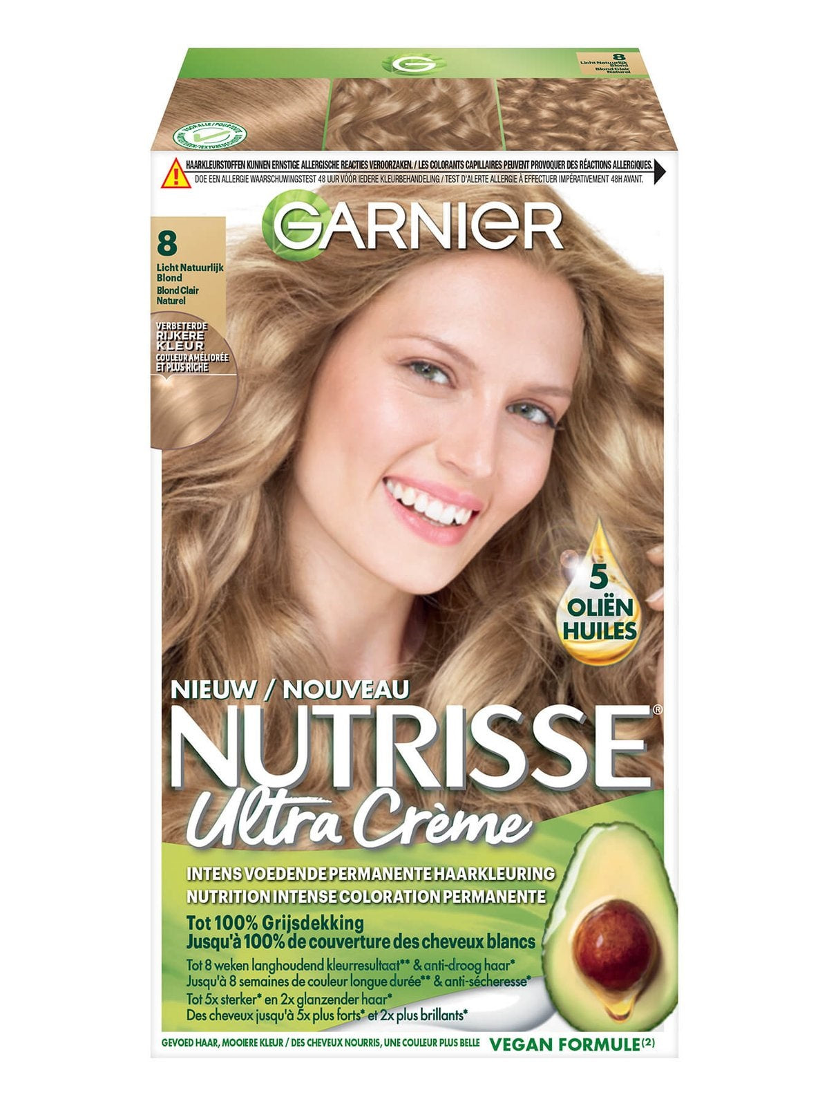 Nutrisse 8.0 blond vanille hair coloring kit with gloves and instructions, featuring packaging and product tube.