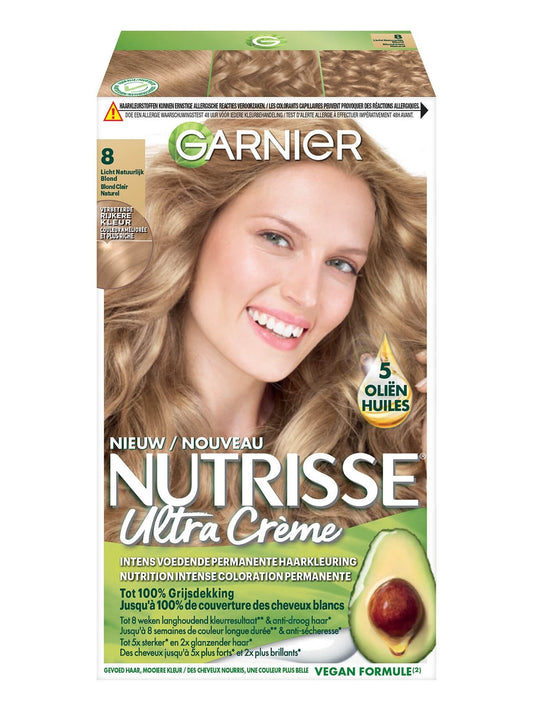 Nutrisse 8.0 blond vanille hair coloring kit with gloves and instructions, featuring packaging and product tube.
