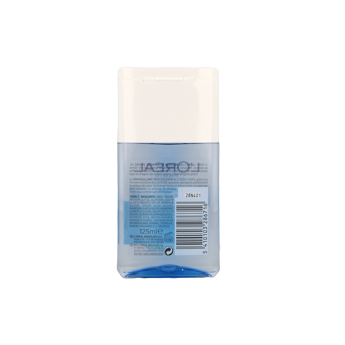 L'Oreal Paris zachte oogmake-up remover in 125ml bottle, gentle facial skincare product for removing eye makeup.