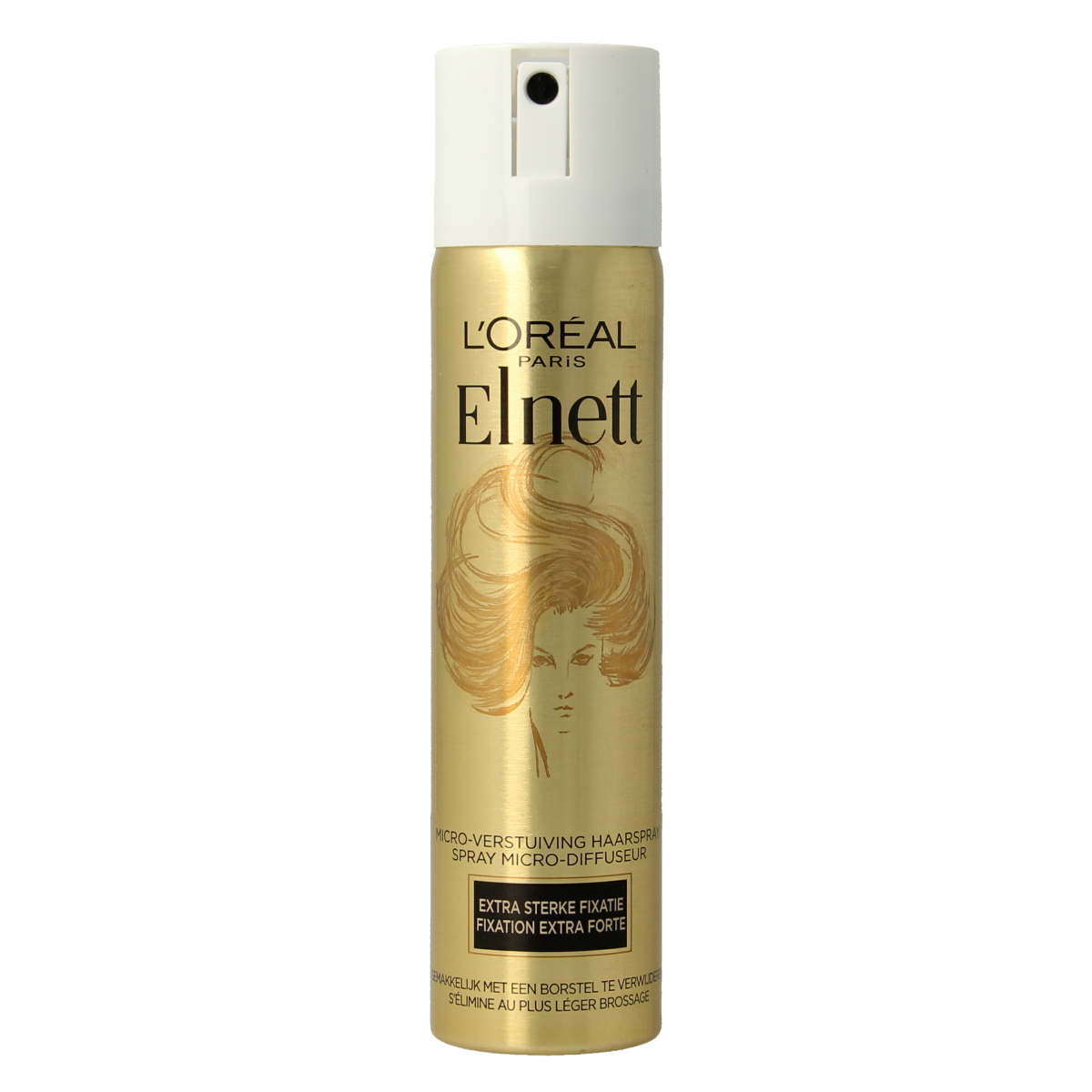 Elnett Satin extra strong hold hairspray bottle, 75ml, for hair styling and long-lasting fixation.