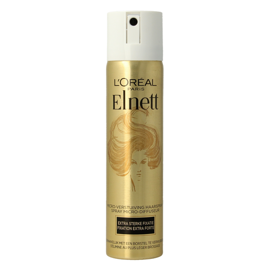 Elnett Satin extra strong hold hairspray bottle, 75ml, for hair styling and long-lasting fixation.