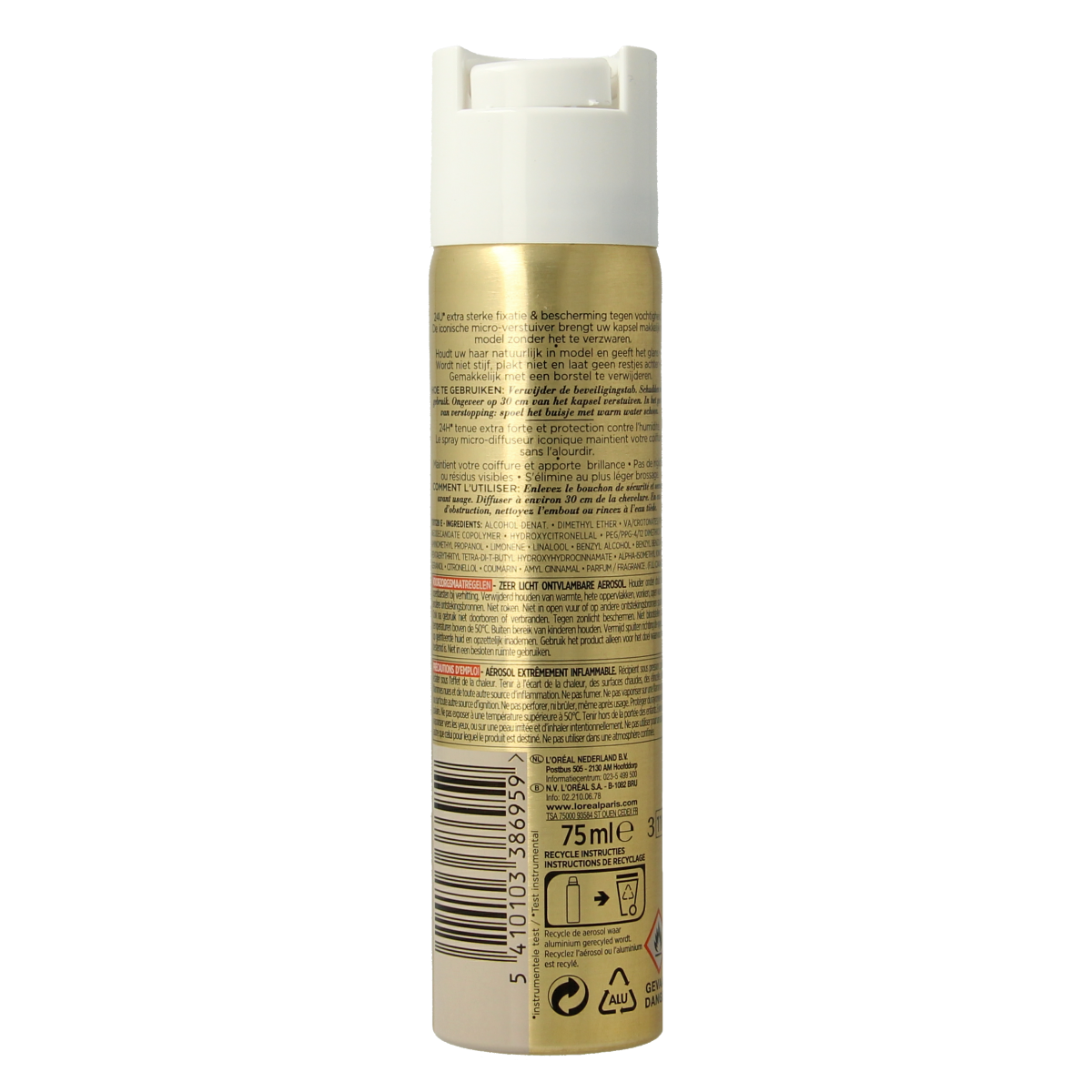 Elnett Satin Extra Strong Fixation Hair Spray in 75ml bottle, hair styling product with powerful hold.