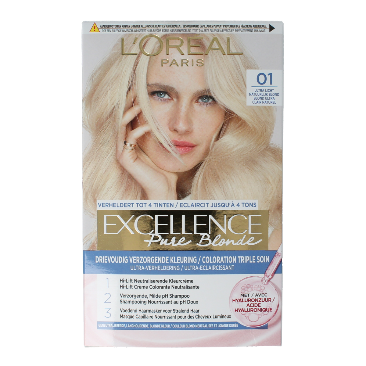 Excellence Excellence blond 01 Natural Blond 1.00 hair coloring set showing blonde hair and packaging for professional use.
