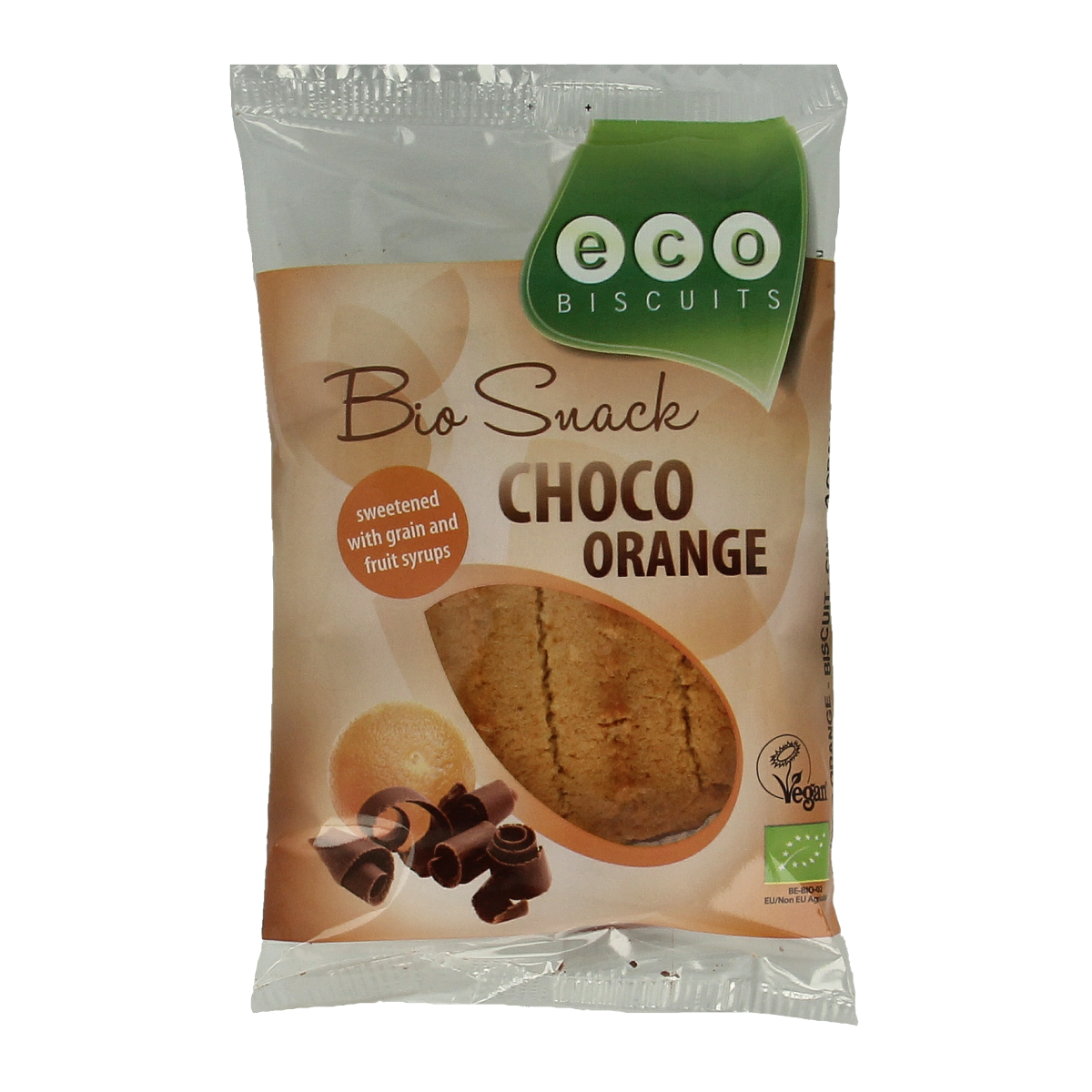 Eco Biscuit Choco Orange bio koeken, 45g, featuring chocolate and orange flavors with a crispy biscuit texture.