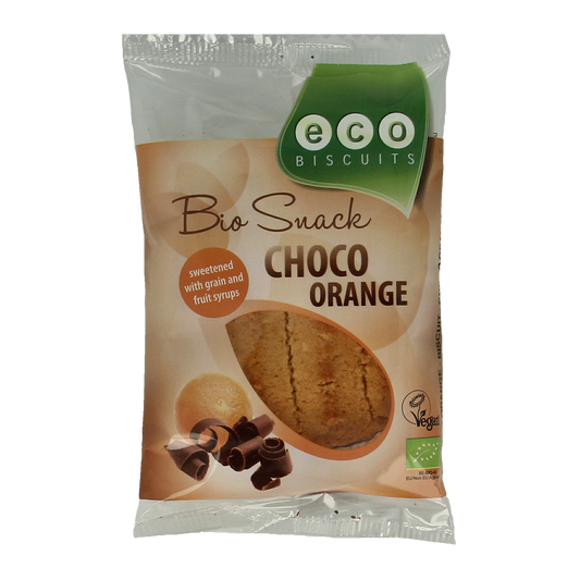 Eco Biscuit Choco Orange bio koeken, 45g, featuring chocolate and orange flavors with a crispy biscuit texture.