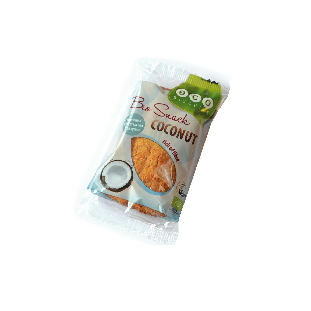 Eco Biscuit bio kokosbiscuit koeken, 55g, featuring toasted coconut flakes and a crispy texture in a natural, wholesome snack.