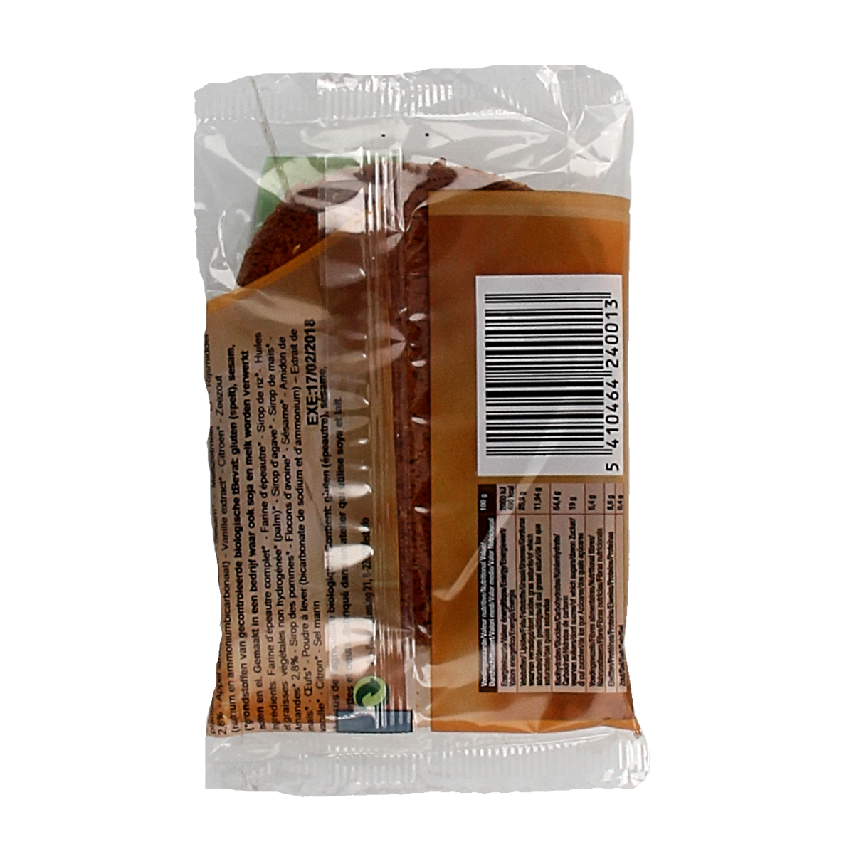 Eco Biscuit organic spelt almond biscuit koeken, 40g, with visible almond pieces and golden-brown baked surface.
