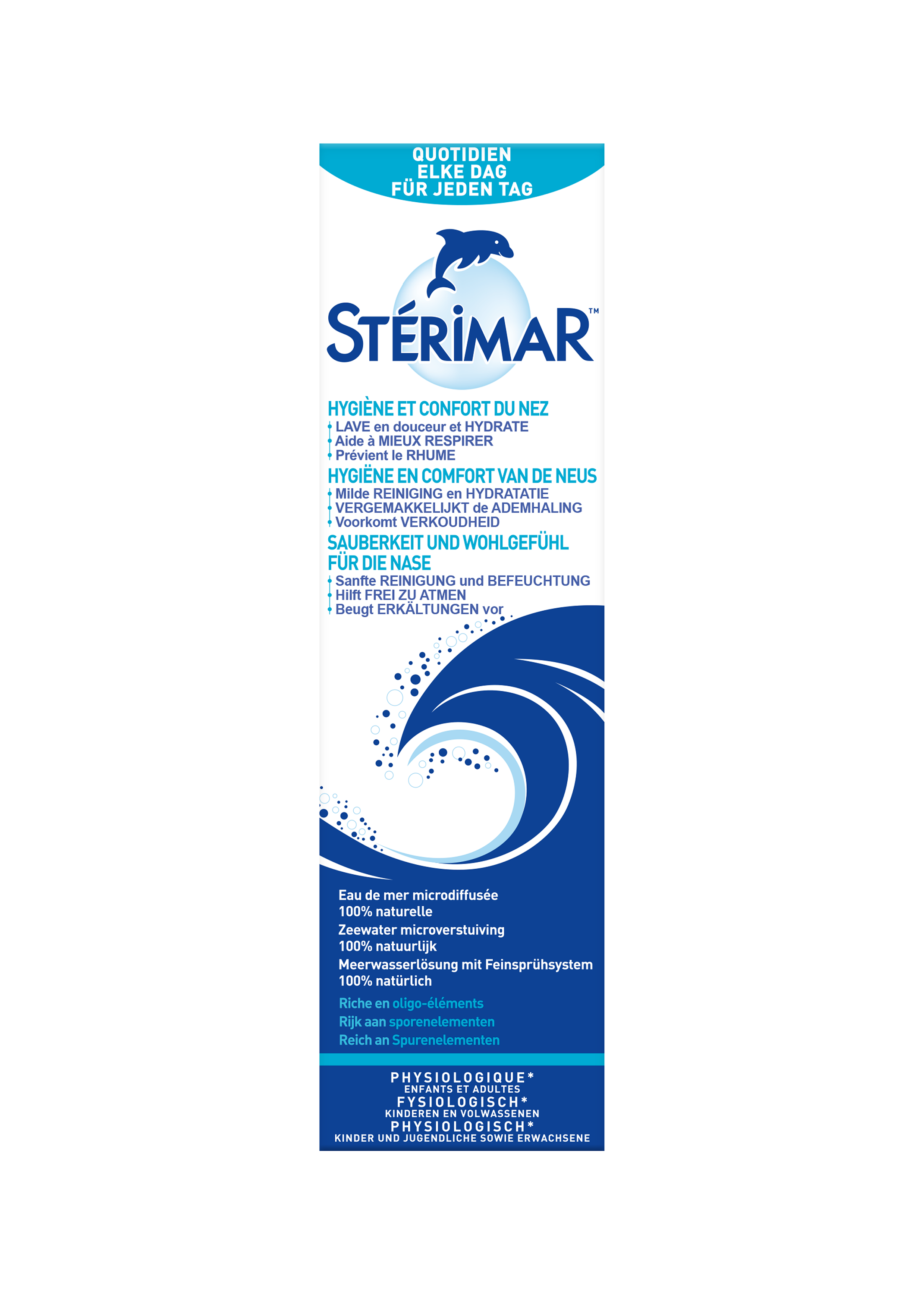 Sterimar Neusspray for nasal hygiene, 100ml bottle, nasal care and inhalation product by Sterimar with spray nozzle and label