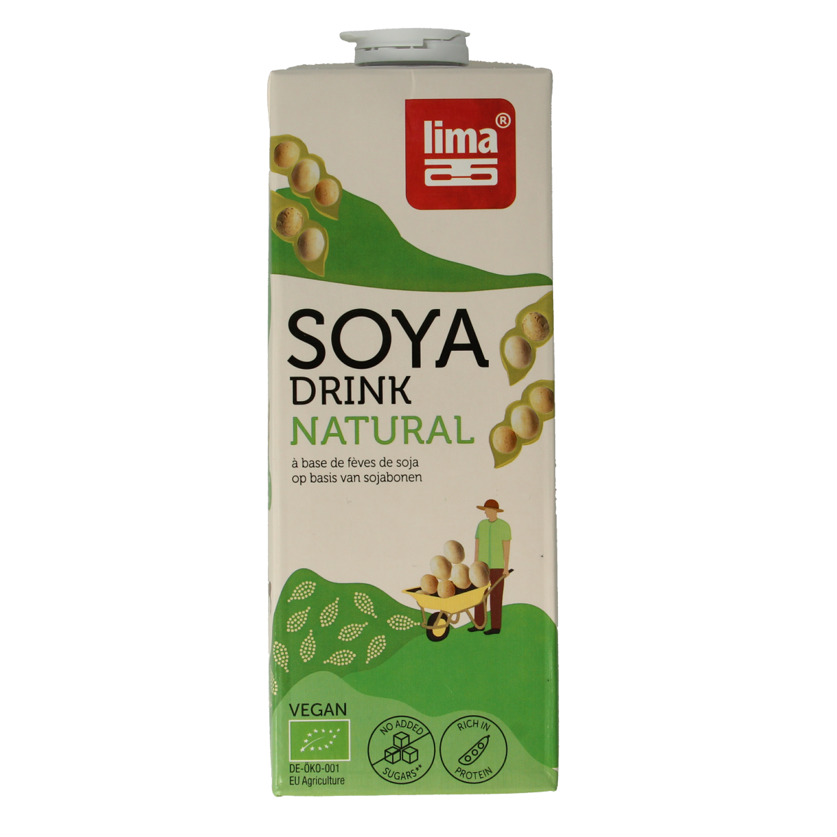 Lima Soya Drink Natural Bio 1L bottle, organic soy beverage with natural ingredients, in a clear plastic container.