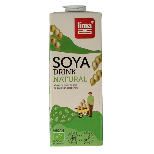 Lima Soya Drink Natural Bio 1L bottle, organic soy beverage with natural ingredients, in a clear plastic container.