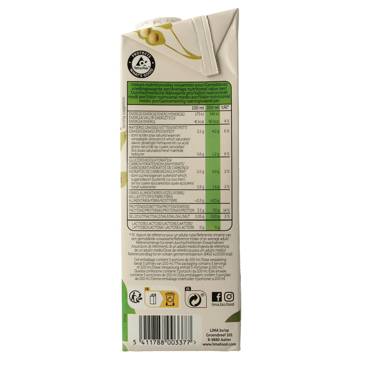 Lima natural bio soya drink in 1-liter carton, showing the packaging with soybeans and plant-based ingredients.