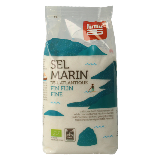 Lima Zeezout fijn Atlantisch bio in een 1 kg verpakking, kleurrijk zeezout voor koken en kruiden.