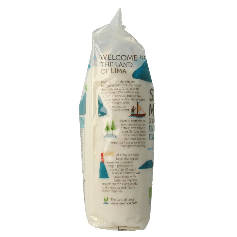 Lima Zeezout fijn Atlantisch bio, 1 kg, natural Atlantic sea salt in a clear bag with label showing brand and product details.