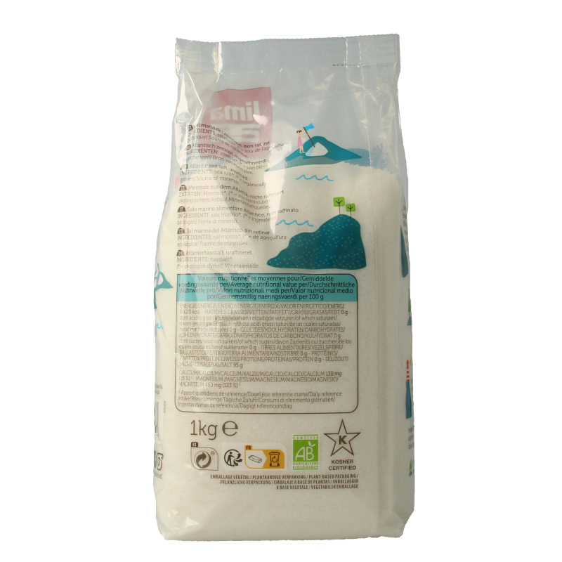 Lima Zeezout fijn Atlantisch bio in 1 kg package, natural sea salt for cooking and seasoning.