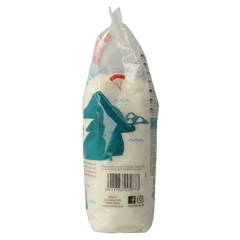 Lima Zeezout fijn Atlantisch bio in 1 kg package, natural organic sea salt for cooking and seasoning.