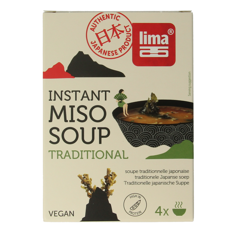 Lima instant miso soup packets, 4 packs of 10 grams each, in a clear image showing the packaging and branding.