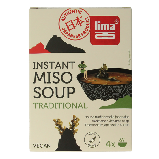 Lima instant miso soup packets, 4 packs of 10 grams each, in a clear image showing the packaging and branding.