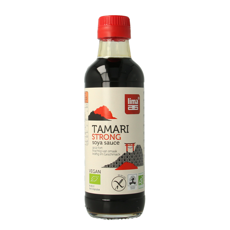 Lima Tamari strong bio soy sauce bottle, 250ml, in a clear container with a dark liquid inside.