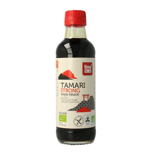 Lima Tamari strong bio soy sauce bottle, 250ml, in a clear container with a dark liquid inside.