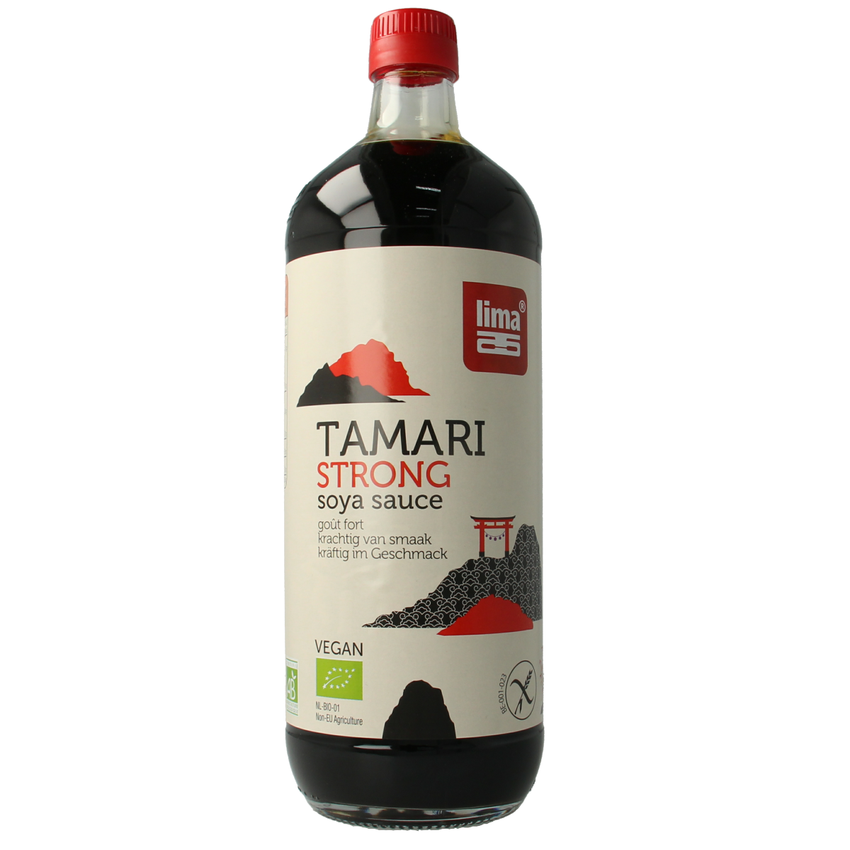 Lima Tamari strong bio soy sauce bottle, 1 liter, in a clear glass container with a dark liquid inside.