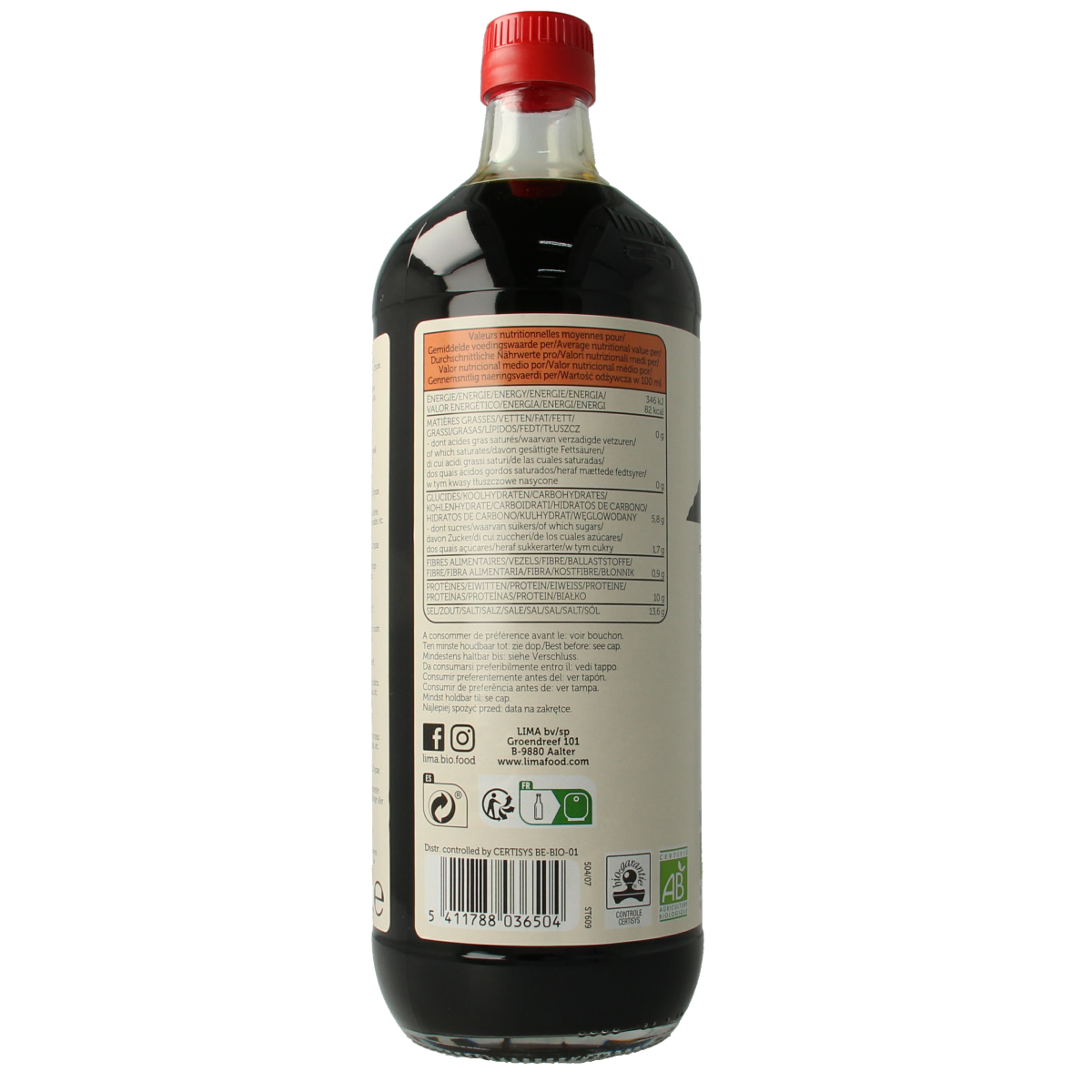 Lima Tamari strong bio soy sauce in a 1-liter bottle, natural and organic, from Lima Sauzen en Smaakmakers.