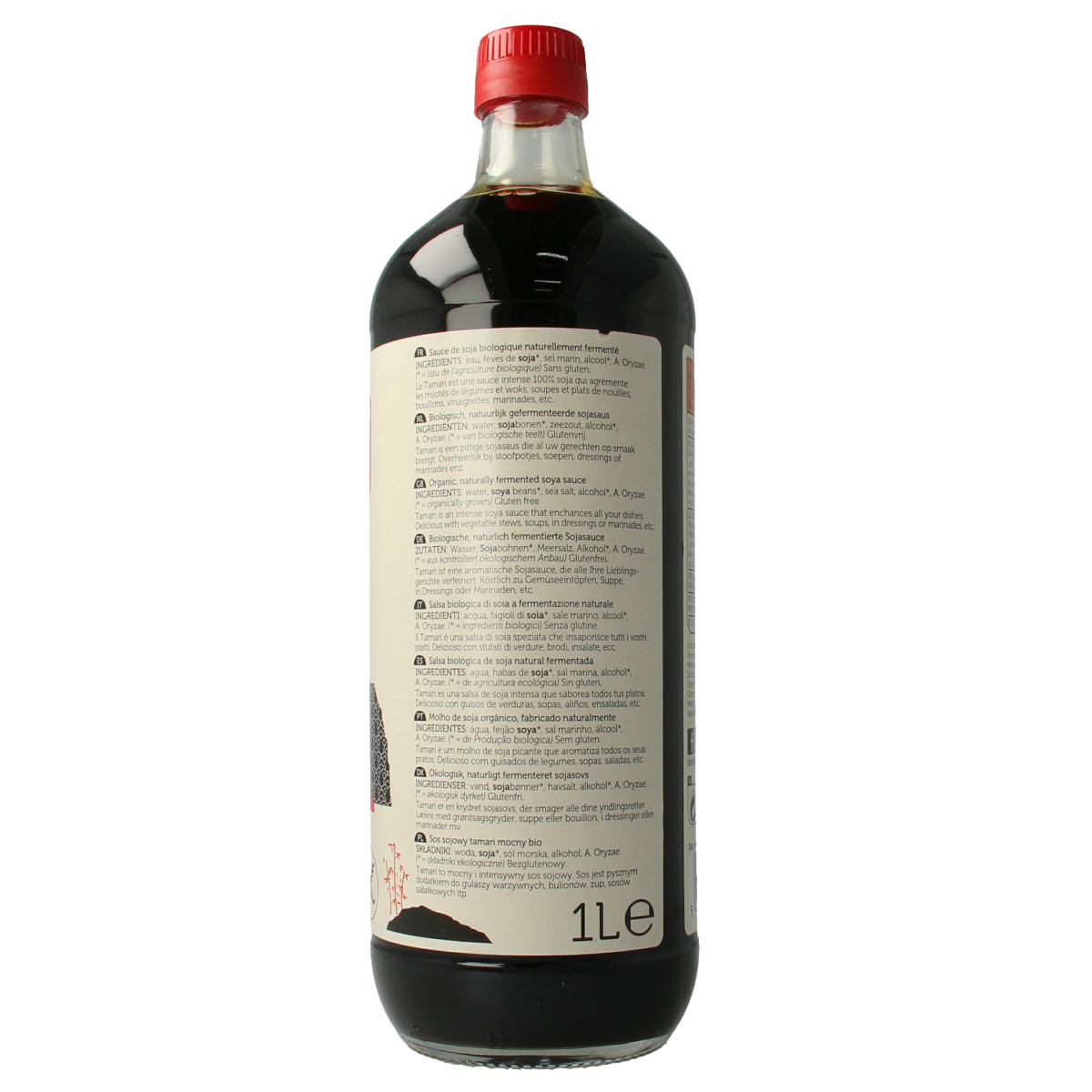 Bottle of Lima Tamari strong bio soy sauce in 1-liter container, showing the label and clear glass bottle.