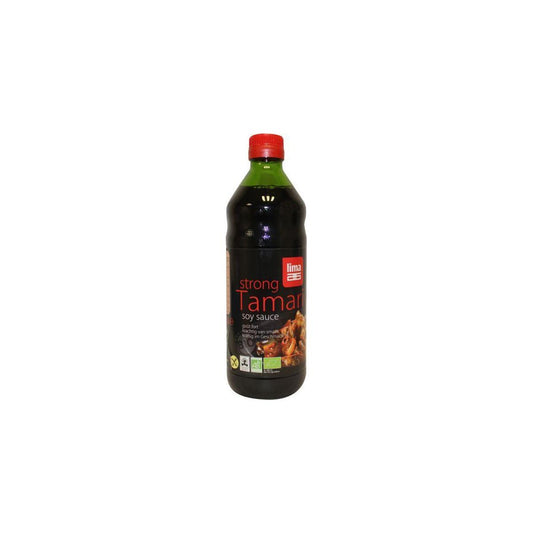 Lima Tamari Strong Bio soy sauce bottle, 500ml, in a clear glass container with a white label and dark soy inside.