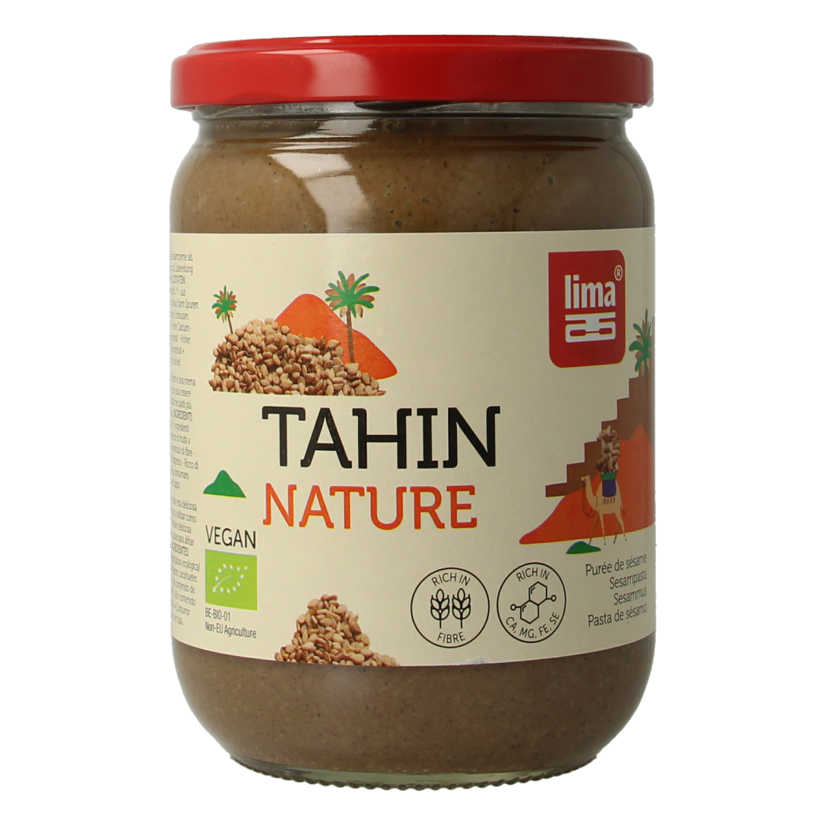 Lima biologische zoutvrije tahin spread on bread, 500g jar, creamy sesame seed paste for healthy breakfast or snacks.