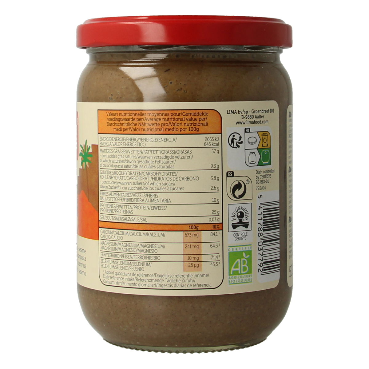 Lima biologische zoutvrije tahin pasta in 500g jar, creamy spread ideal for bread and snacks.