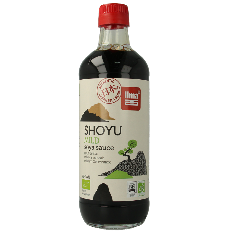 Lima bio Lima Shoyu soy sauce bottle, 500ml, in a clear plastic container with a label, used as a flavorful seasoning and sauce.